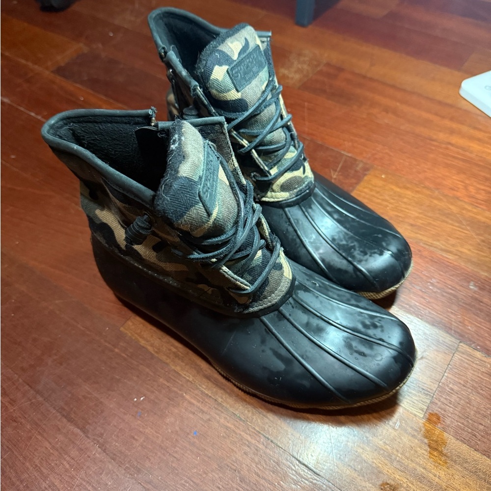 Camouflage and Black Sperry Duck Boots